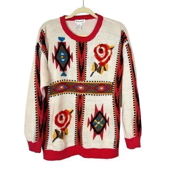 Vintage Sweaters - Emminent Womens Folk Art Embroidered vintage Crewneck Sweater Southwesterb Large
